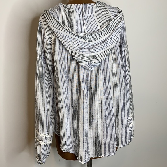 Free People Top Hooded Henley Button Down Blue and White Stripe Oversized - Picture 4 of 9